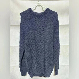 Rue Saint Patrick 100% Wool Sweater Size Large Made in Ireland Blue Cable Knit